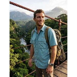 ExOfficio Adventure Teal Blue Short Sleeve Vented Fishing Hiking Shirt Size M